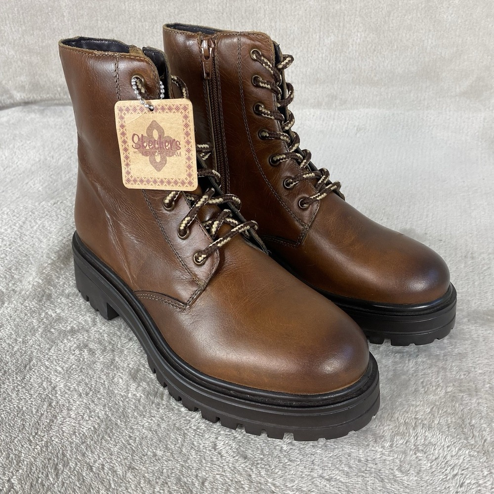 Skechers Teen Rider Womens Ankle Boots Size 7.5 Brown Leather Memory Foam NEW